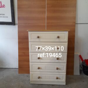 Cream and wood tall 5 drawer chest 77cm x 39cm x 110cm, Ref:19465