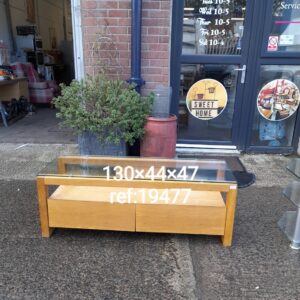 Wood and glass coffee table/ tv stand with 2 drawers 130cm x 44cm x 47cm, Ref:19477