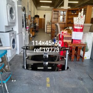 Heavy black glass tv unit with shelf 114cm x 45cm x 50cm, Ref:19773