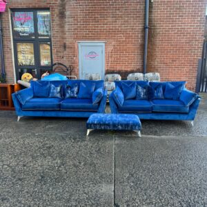 Navy with grey piping 3 seater and 2 seater sofas with large footstool in excellent condition, Ref:197970