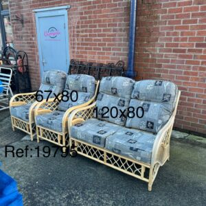 Bamboo and grey 2 seater sofa 120cm 80cm with 2 chairs 67cm x 80cm, Ref:19795